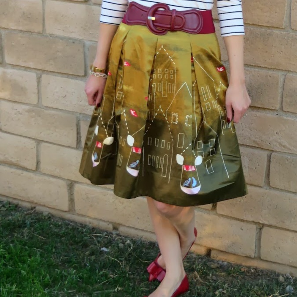 Anthropologie Maeve Whimsical Bird Cotton Silk Pleated Skirt 8
